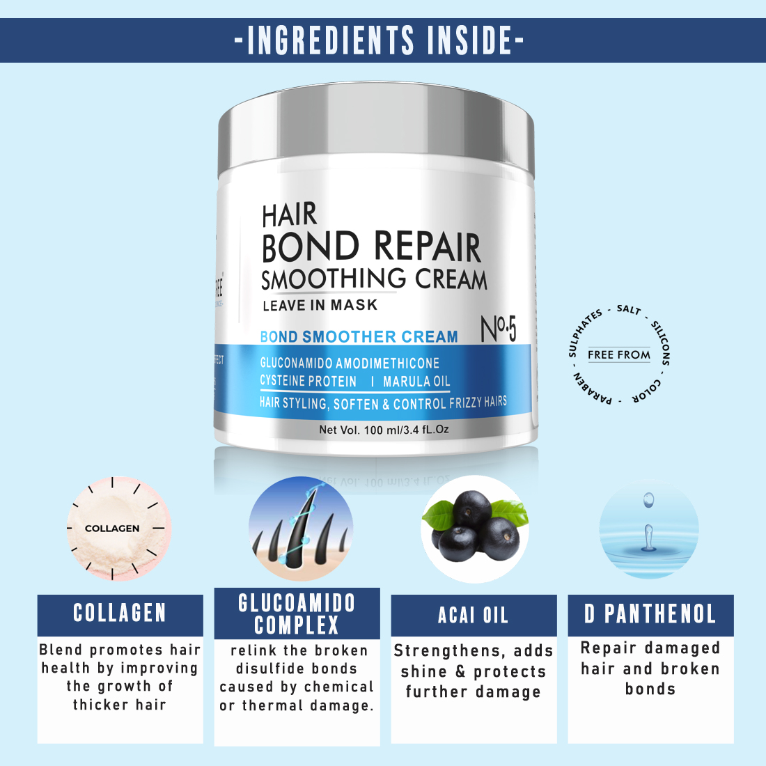 Beauty Tree Hair Bond Repair Smoothing Leave – in Hair Cream Repairing Hair Proteins for Stronger, Flexible Hair For Women & Men 100 ml - Image 4